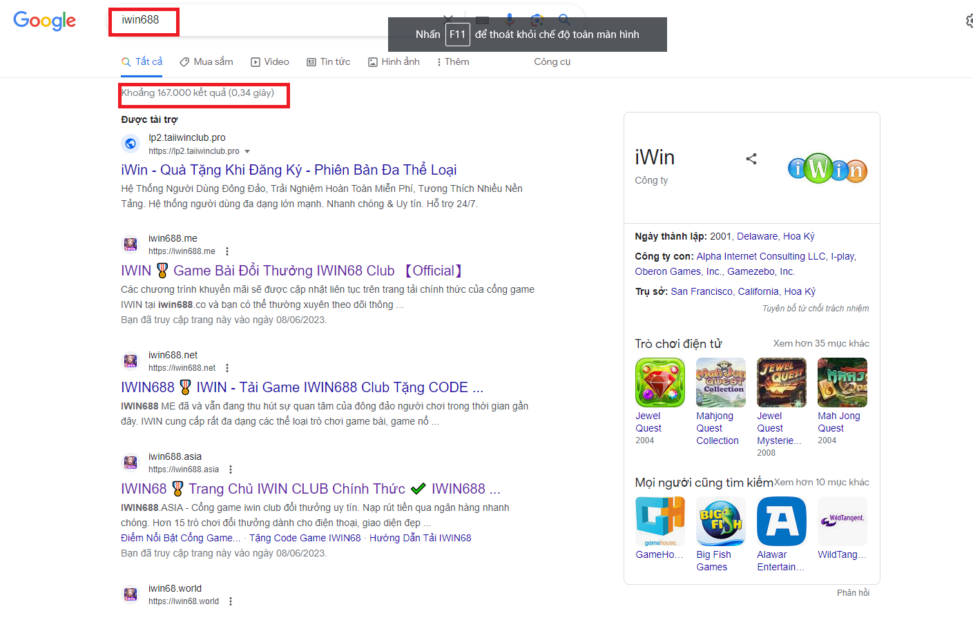 Chỉ có khoảng 150 nghìn kết quả tìm kiếm khi search Iwin688