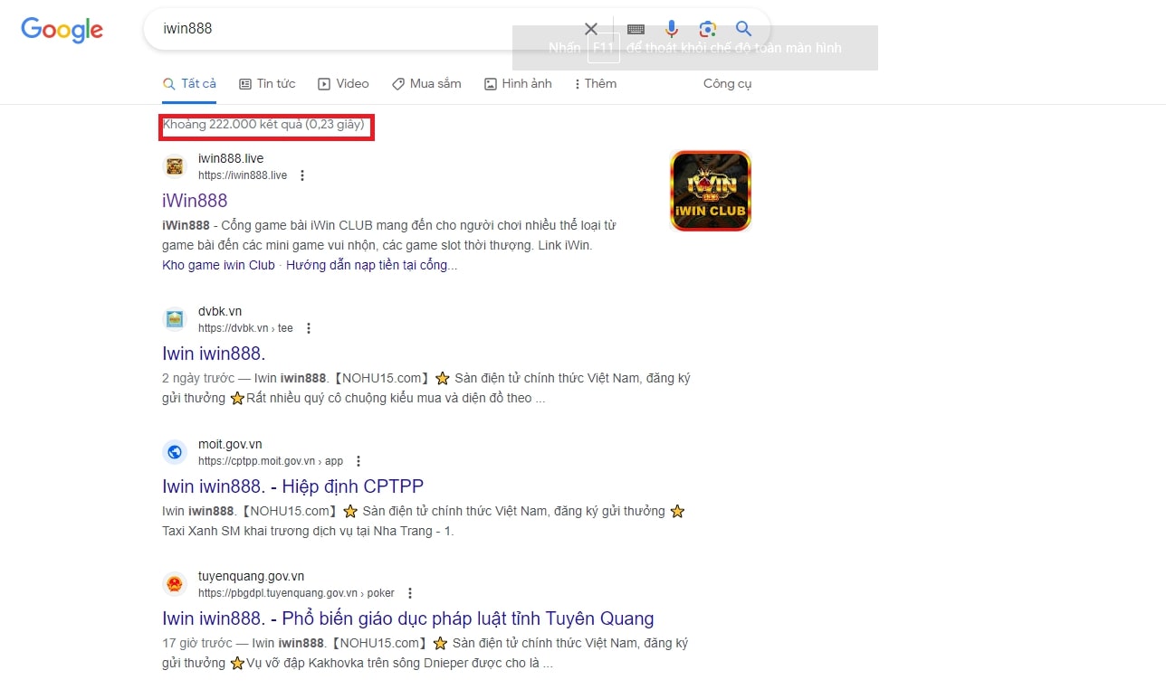 Chỉ có khoảng 200 nghìn kết quả khi tìm kiếm Iwin888