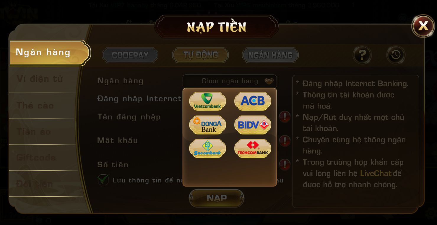 Nạp tiền vào iWin Club với phương thức tự động