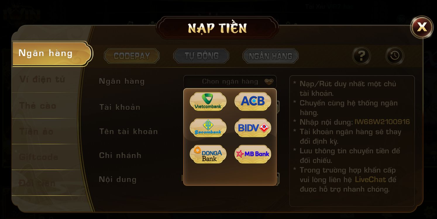 nạp tiền vào iWin Club thông qua Codepay