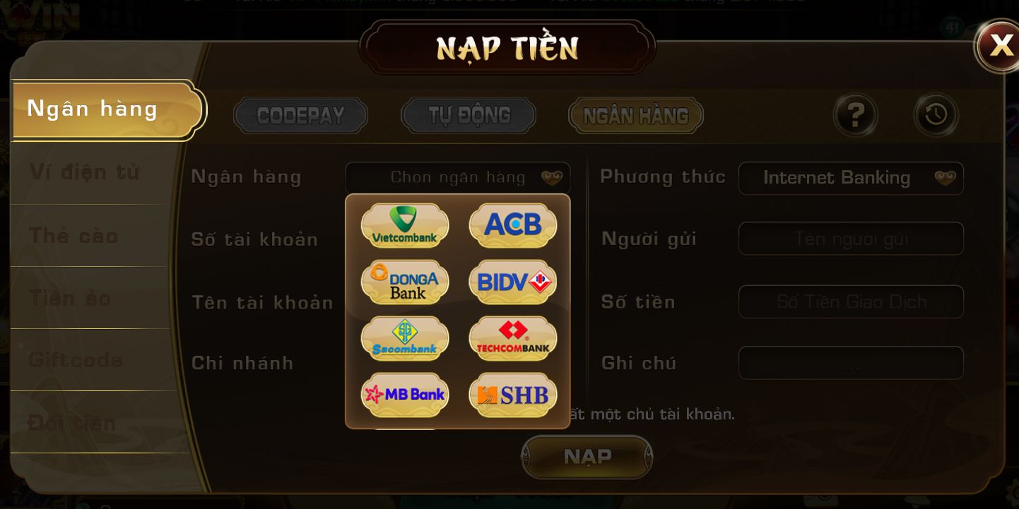 nạp tiền vào iWin club thông qua giao dịch ngân hàng